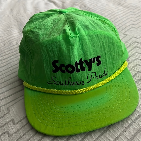 Vintage 80s Scotty’s Southern Pride Hat Nylon Bright Green Neon - Picture 1 of 11